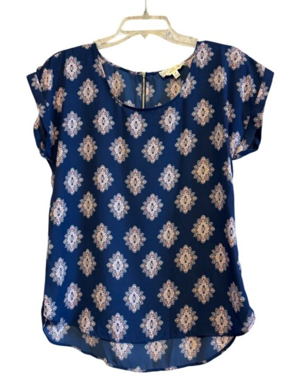 Pink Republic Cap Sleeve Zip Back Office Party Blue Print Blouse Top Size Medium